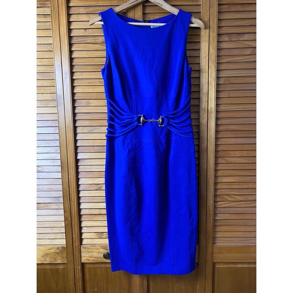Cache Royal Blue Horsebit Buckle Sheath Dress Sleeveless Midi Size 10